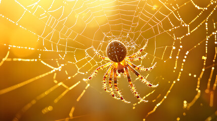 A spider weaving its web in the center of an orange and yellow background
