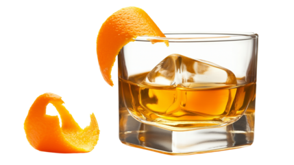 Classic cocktail glass with an old-fashioned whiskey drink, garnished with an orange peel, isolated on a white background