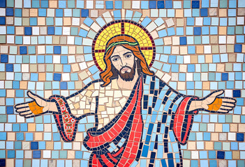 Jesus Mosaic Art – Divine Religious Illustration with Sacred Halo and Spiritual Aesthetic