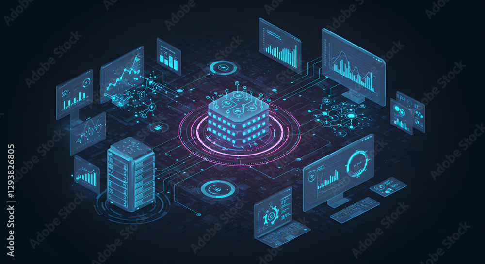 Poster digital data center isometric visualization with server, analytics screens, and network connections.