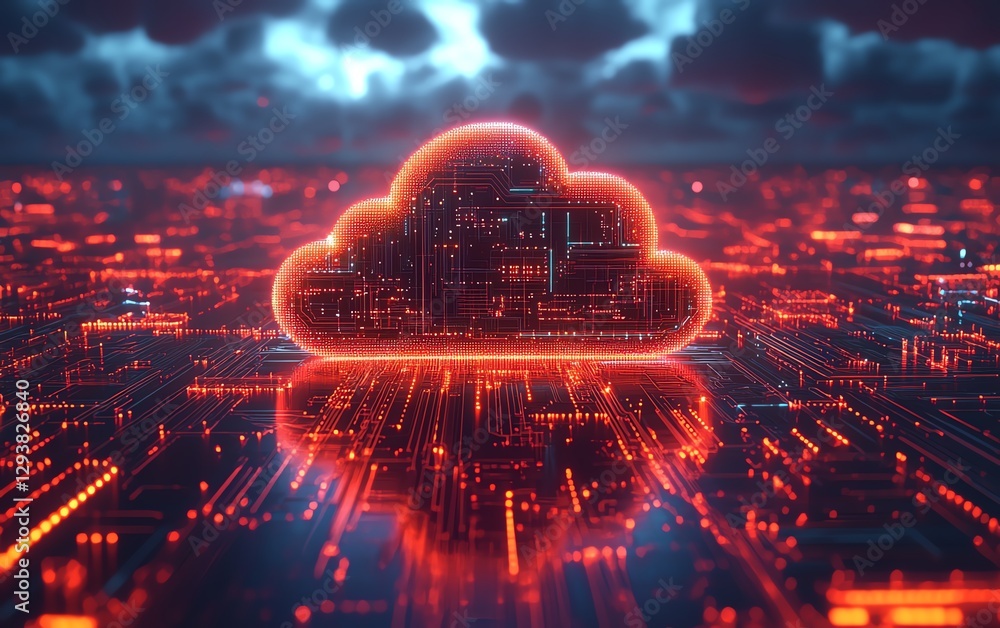 Poster hightech 3d rendering of a cloudshaped circuit board, abstract futuristic concept, glowing electroni