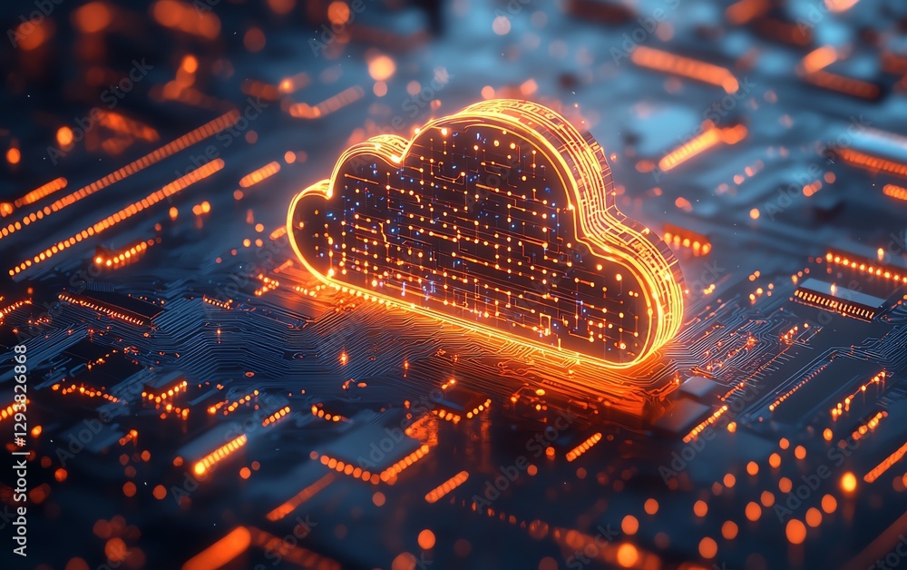 Poster hightech 3d rendering of a cloudshaped circuit board, abstract futuristic concept, glowing electroni