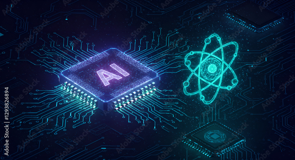 Poster artificial intelligence processor chip with glowing atom symbol on dark circuit board background. mo