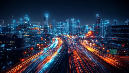 Fototapeta premium Futuristic smart cityscape, long exposure of the highway foreground, city skyline at night with glowing lights, visible wireless networks, ultradetailed 8K render