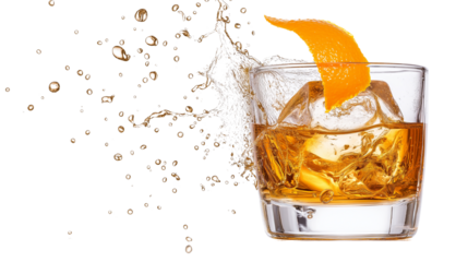 Classic cocktail glass with an old-fashioned whiskey drink, garnished with an orange peel, isolated on a white background