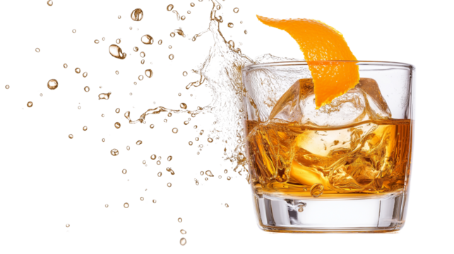 Classic cocktail glass with an old-fashioned whiskey drink, garnished with an orange peel, isolated on a white background