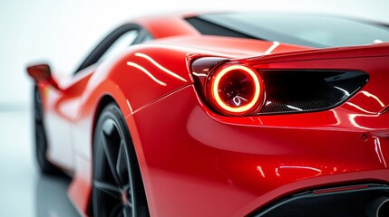 Fototapeta premium Close-Up of the Rear Left Side of a Brandless Red Supercar with a Distinctive Circular LED Taillight