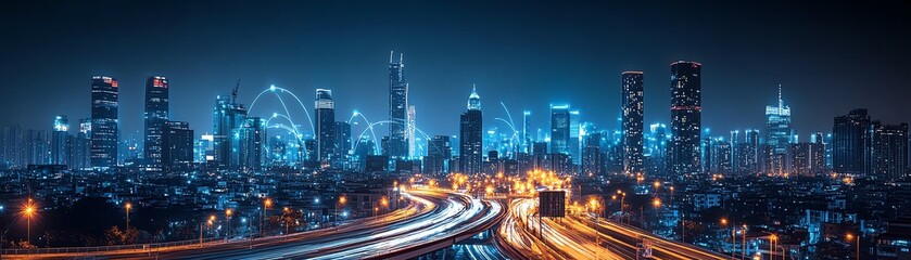 Obraz premium Nighttime city skyline with smart infrastructure, long exposure effect on the highway in the foreground, wireless connectivity, glowing lights, futuristic technology, 8K clarity