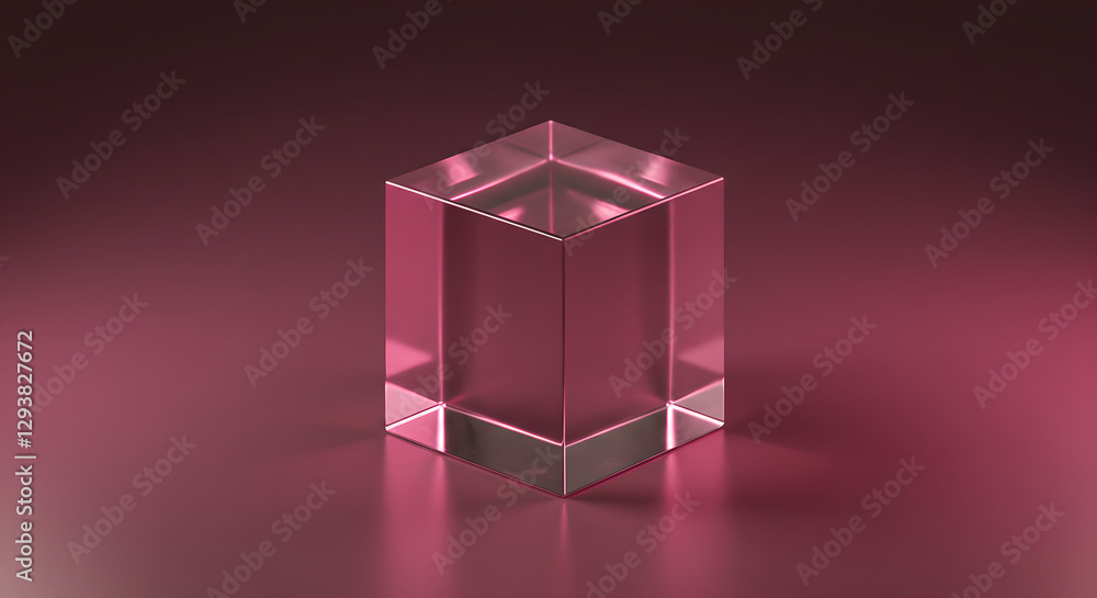 Poster Transparent glass cube on pink gradient background. Crystal clear geometric shape with reflections and shadows. Modern minimalist design element for presentation, product display with copy space
