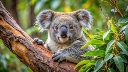 Obraz premium Koala lounging in eucalyptus tree branches with leaves and bark details , nature, relaxation, nature, relaxation