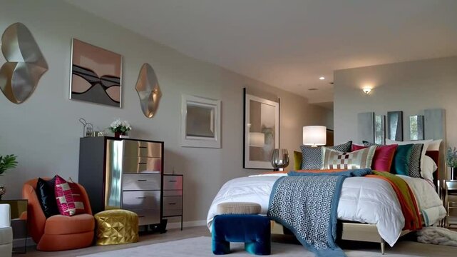 Begin with a wide vertical shot of the bedroom, showcasing a colorful double bed framed by contemporary wall art and ambient lighting. 
