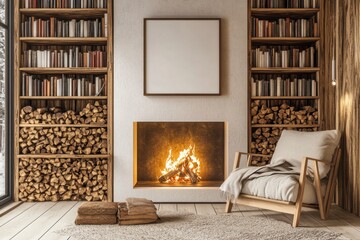Fototapeta premium Cozy living room with fireplace and wooden bookshelf interiors