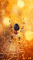 A spider weaving its web in the center of an orange and yellow background
