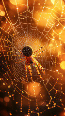 A spider weaving its web in the center of an orange and yellow background
