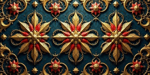 Intricate Gold and Red Floral Design on a Deep Blue Background, a Luxurious and Elegant Decorative Pattern with Ornate Details, Perfect for Wallpaper or Textile Designs