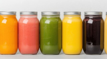 A vibrant smoothie bar counter with various freshly blended fruit smoothies in mason jars, garnished with fruit slices