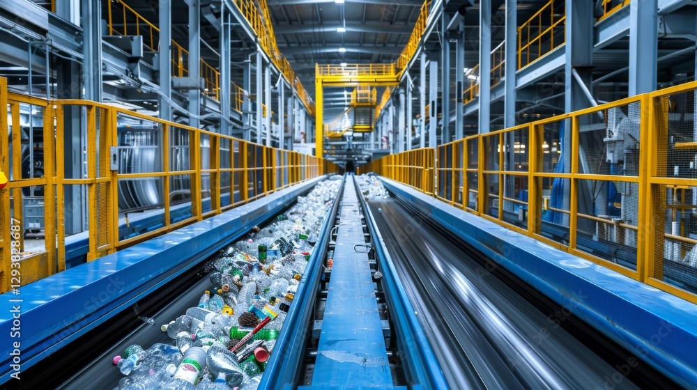 Aufkleber A large recycling facility showcases an assembly line where plastic bottles and containers are sorted, emphasizing the importance of waste management for sustainability.