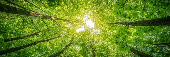 Looking up, Sun Shining Through Fresh Green Canopy Of Tall Deciduous Trees in Spring.