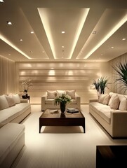 Modern living room interior showcases neutral tones and elegant design features