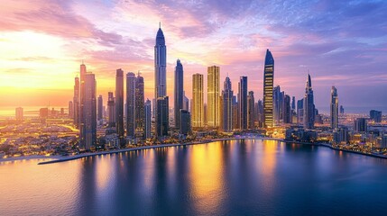 Obraz premium Stunning Sunset Over Dubai Skyline with Reflective Water Views