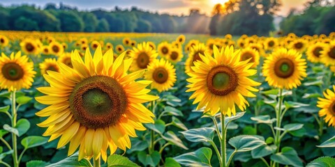 Obraz premium Field of tall sunflowers with bright yellow petals and dark centers in a green field , natural scenery