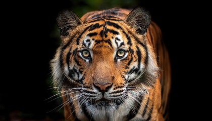 Naklejka premium Proud Sumatran Tiger Stalking Towards Camera Majestic Big Cat in Vibrant Jungle Scene at Twilight, Displaying Dignity and Power