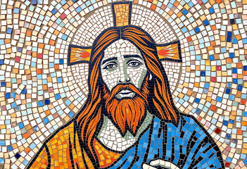 Jesus Mosaic Art – Divine Religious Illustration with Sacred Halo and Spiritual Aesthetic