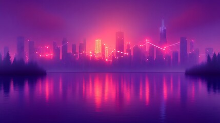 Fototapeta premium Neon Cityscape Reflecting in Calm Water at Dusk