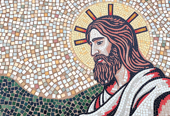 Jesus Mosaic Art – Divine Religious Illustration with Sacred Halo and Spiritual Aesthetic