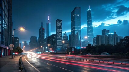 Naklejka premium Night cityscape, futuristic skyline, long exposure traffic lights