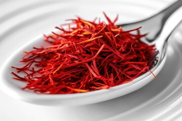 Bright Red Saffron Threads in a White Dish with Spoon on Plate