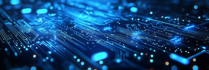 Futuristic Circuit Board Abstract Technology Background, Blue Glowing Lines, Data Flow