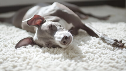 カーペットで寝転ぶイタリアングレーハウンド
