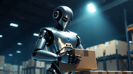 Concept a futuristic robot,in a high-tech warehouse ,ai robot box delivery.