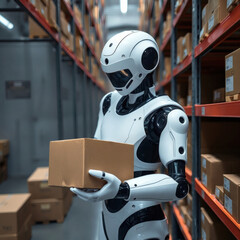 Fototapeta premium Concept a futuristic robot,in a high-tech warehouse ,ai robot box delivery.