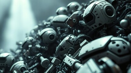 Fototapeta premium A detailed close-up shot focusing on a pile of old AI robots buried in garbage.