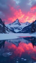 Roseate sky ablaze, reflecting on frozen lake and snow-capped peaks , light, sky, snow