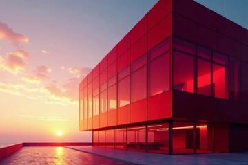 Fototapeta premium Sleek red building, sunset glow reflects on glass facade, wall, steel