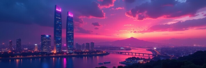 Obraz premium Sleek towers, neon glow, tranquil twilight sky, calm, design