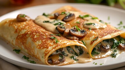 Gourmet savory crepes filled with earthy mushrooms, tender spinach, silky béchamel sauce lightly overflowing, professionally photographed in studio with soft, ambient lighting, elegant white plate,