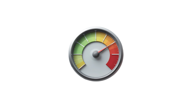 A performance gauge displaying near-maximum output, a symbol of achievement and progress, with a clean, minimalist design and a circular format.