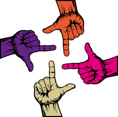 four colourful hand fingers sing pointing each other vector transparent image