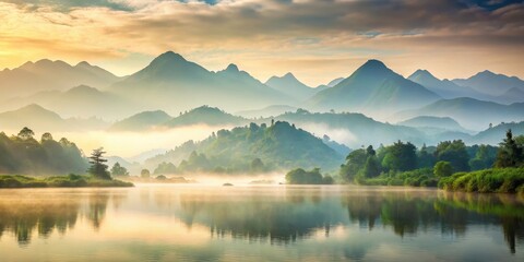 Fototapeta premium A serene landscape with misty mountains in the background, landscape scenery