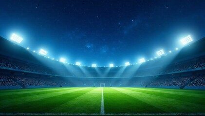 Bright stadium floodlights illuminate the field beneath a vast, starry night sky , athletics, vibrant