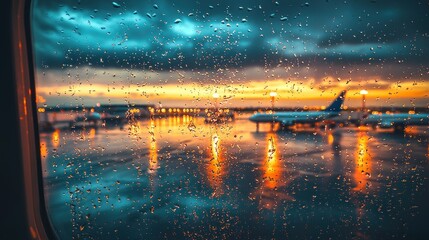 Rainy Sunset Airport View from Airplane Window (1)
