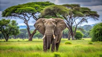 Obraz premium A large grey elephant stands alone in a lush green savannah with acacia trees in the background