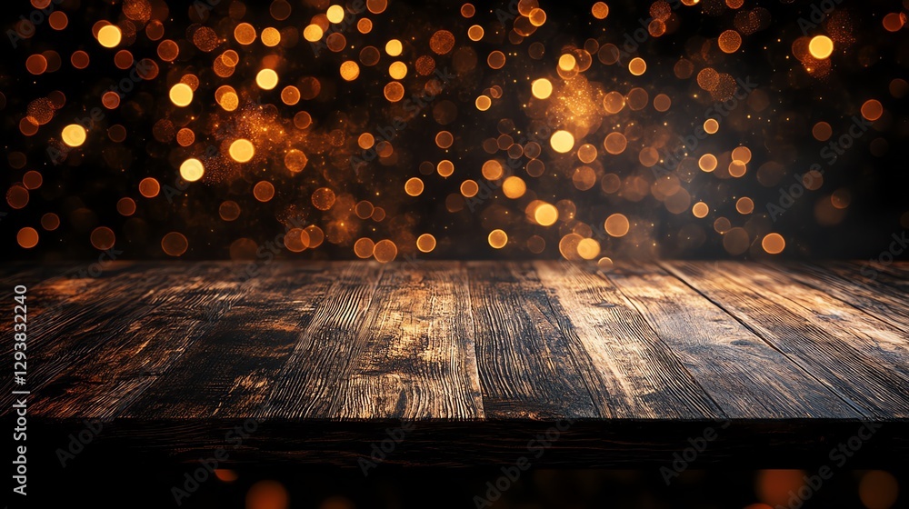 Poster wooden table with bokeh lights background for product mockup display