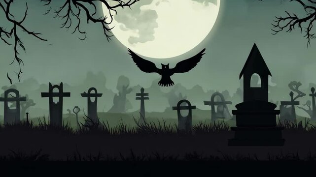 Eerie Autumn Night Animation with Ghostly Apparitions, Gnarled Trees, and Owls Soaring Above Gravestones