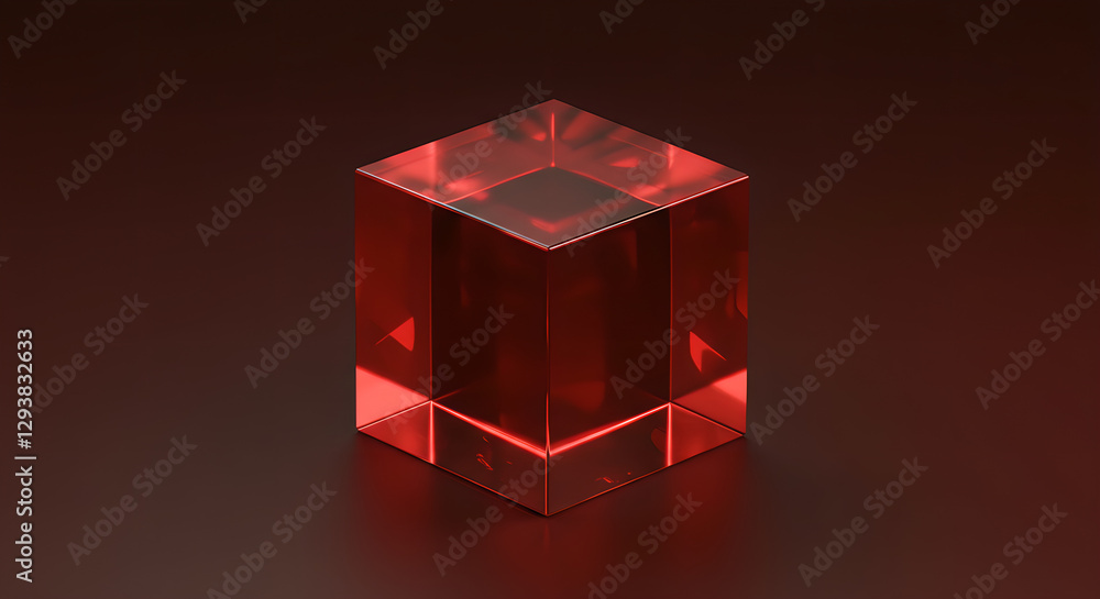 Poster transparent red crystal cube with reflections on dark background. geometric glass block with light e