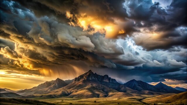 Dark storm clouds looming over a rugged mountain landscape at sunset